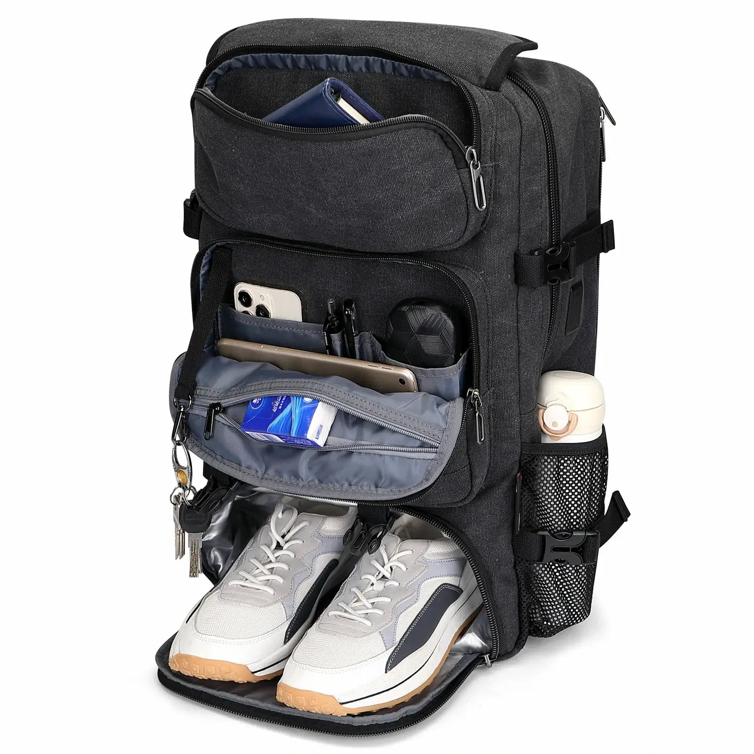 Convertible 40L travel backpack with USB port and 18+ compartments, fits 17 inch laptop, ideal for men and women a8013 best black backpack