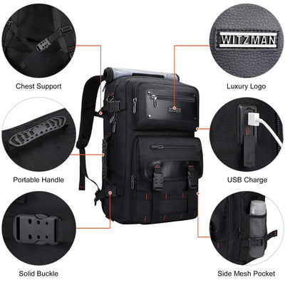 WITZMAN 45L convertible nylon travel backpack for men with USB port and multiple compartments b685