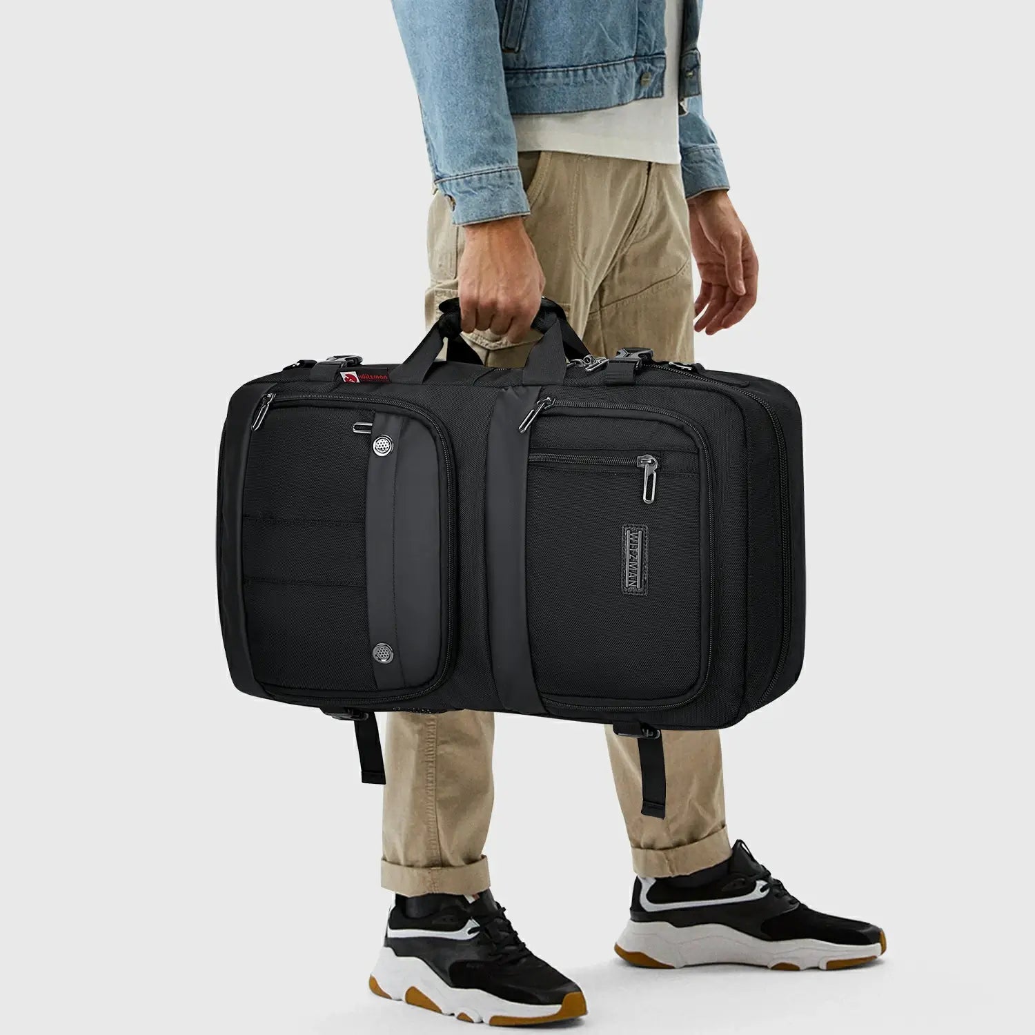 Black Nylon Travel Backpack for Men, laptop sleeve and divider layout