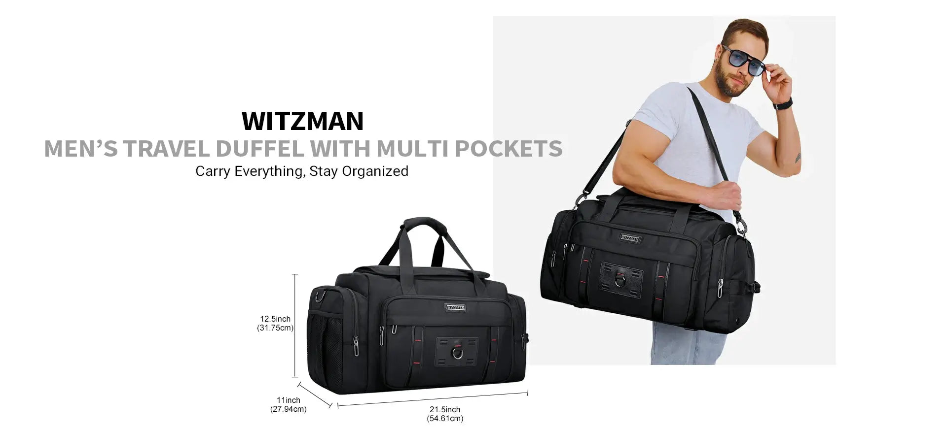WITZMAN 49L nylon duffel bag with shoe pocket and MOLLE webbing for men