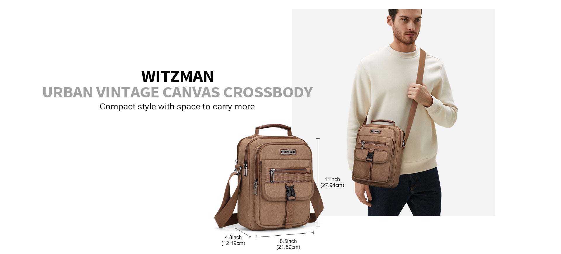 WITZMAN A8014 canvas crossbody bag size and specifications for men’s travel sling use