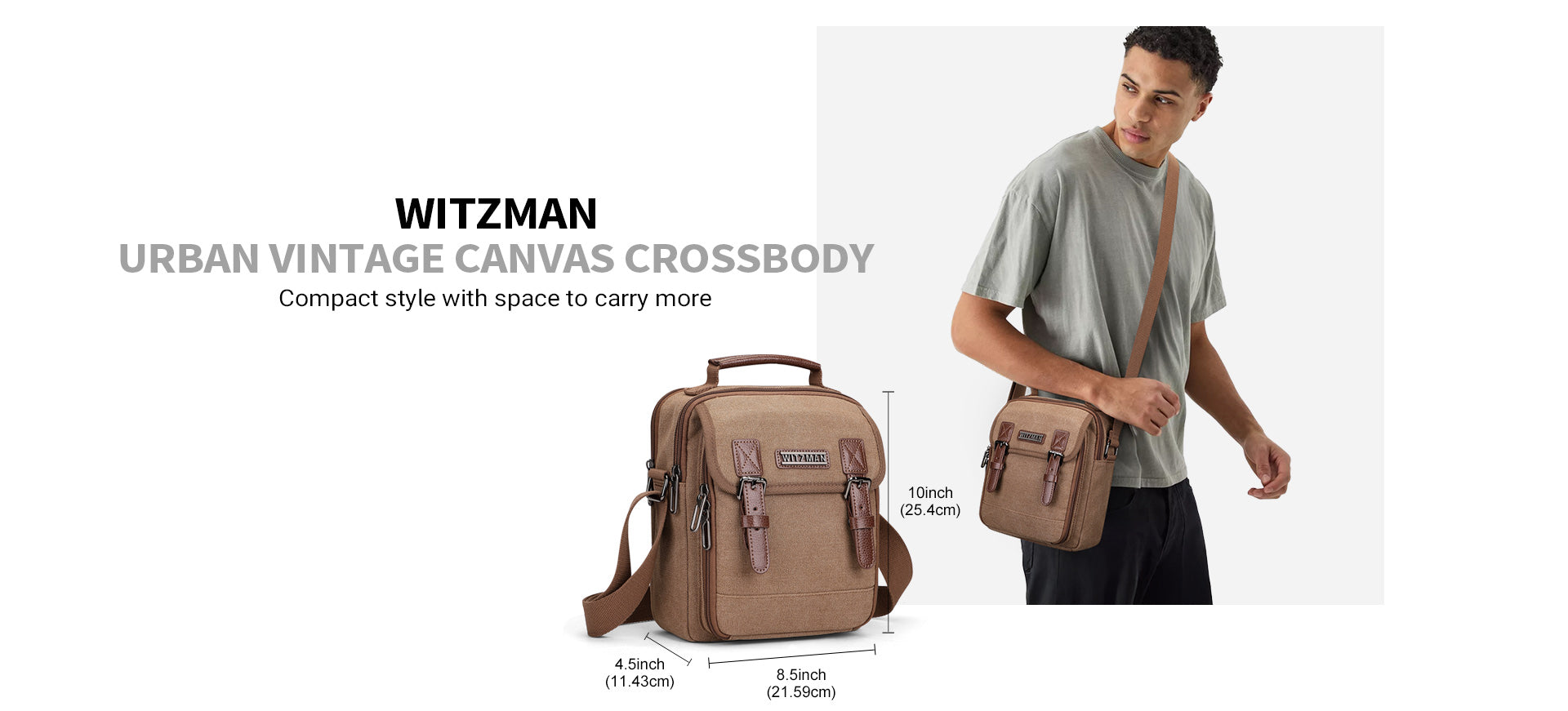 WITZMAN vintage canvas crossbody bag specifications and size details for men’s sling travel use