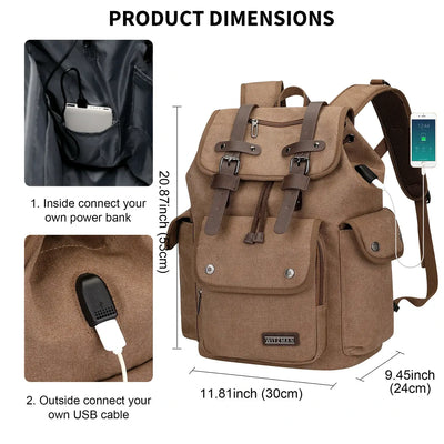 Canvas travel backpack with drawstring closure and laptop compartment for men and women a8004-2 brown