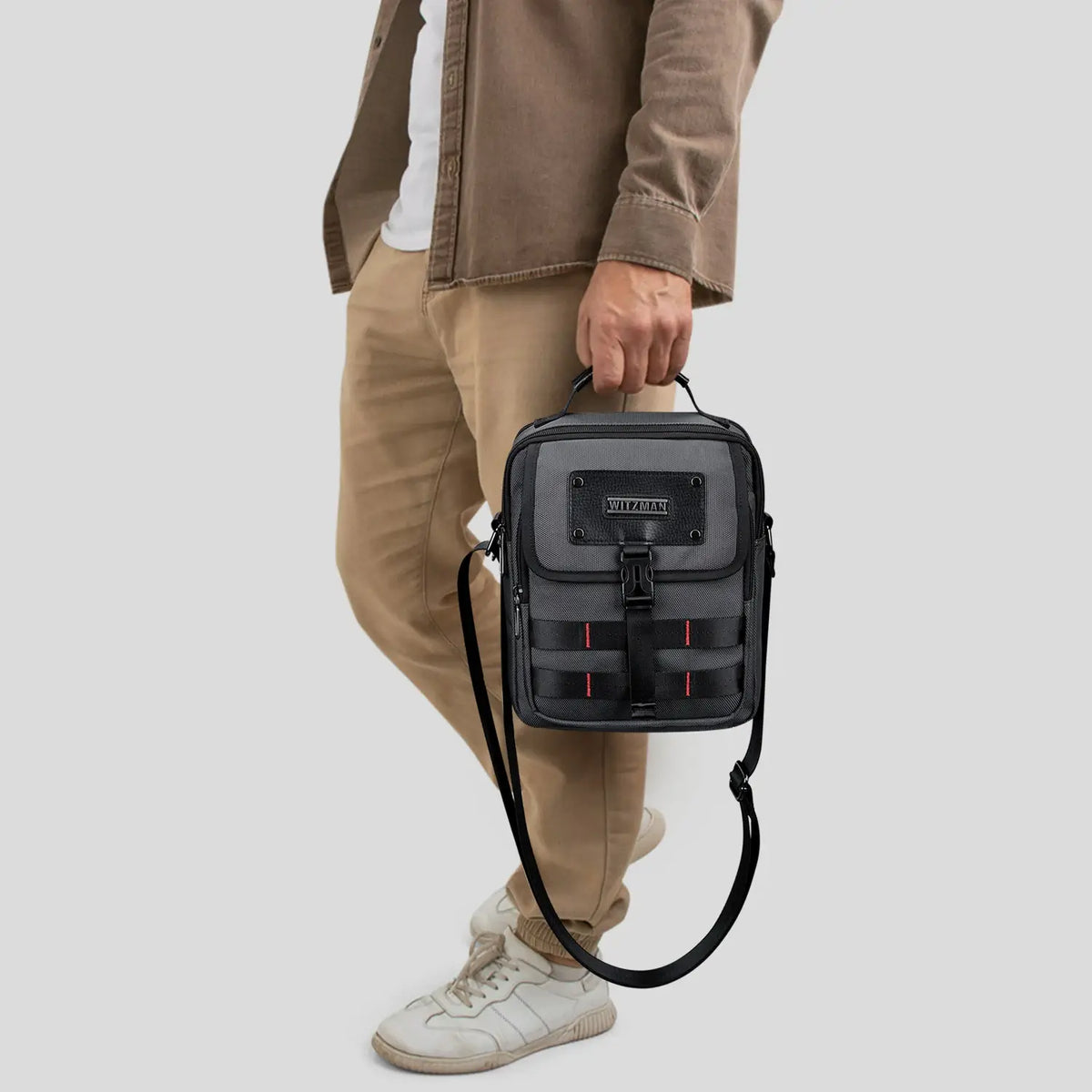 WITZMAN B708 men’s lightweight nylon crossbody bag with front MOLLE webbing - Silver Grey messenger handed bag