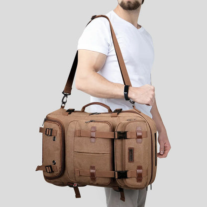 Convertible 40L travel backpack with USB port and 18+ compartments, fits 17 inch laptop, ideal for men and women a8013 brown shoulder duffel bag for men