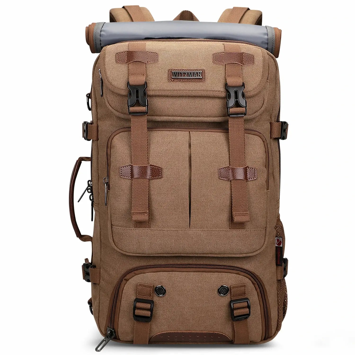 Convertible 40L travel backpack with USB port and 18+ compartments, fits 17 inch laptop, ideal for men and women a8013 brown bag