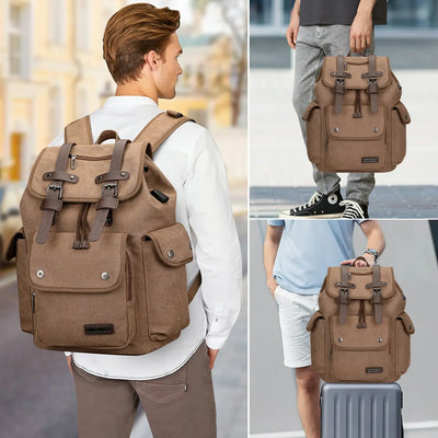 Canvas travel backpack with drawstring closure and laptop compartment for men and women a8004-2 brown