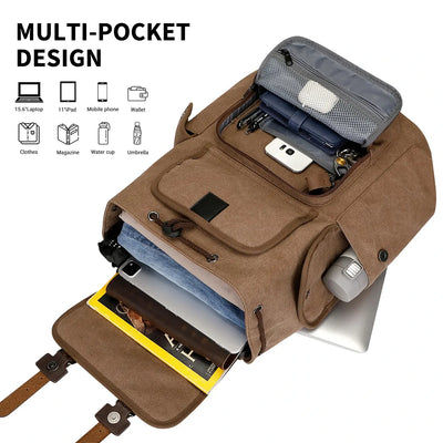 Canvas travel backpack with drawstring closure and laptop compartment for men and women a8004-2 brown