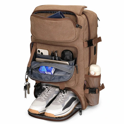 Convertible 40L travel backpack with USB port and 18+ compartments, fits 17 inch laptop, ideal for men and women a8013 brown backpacks