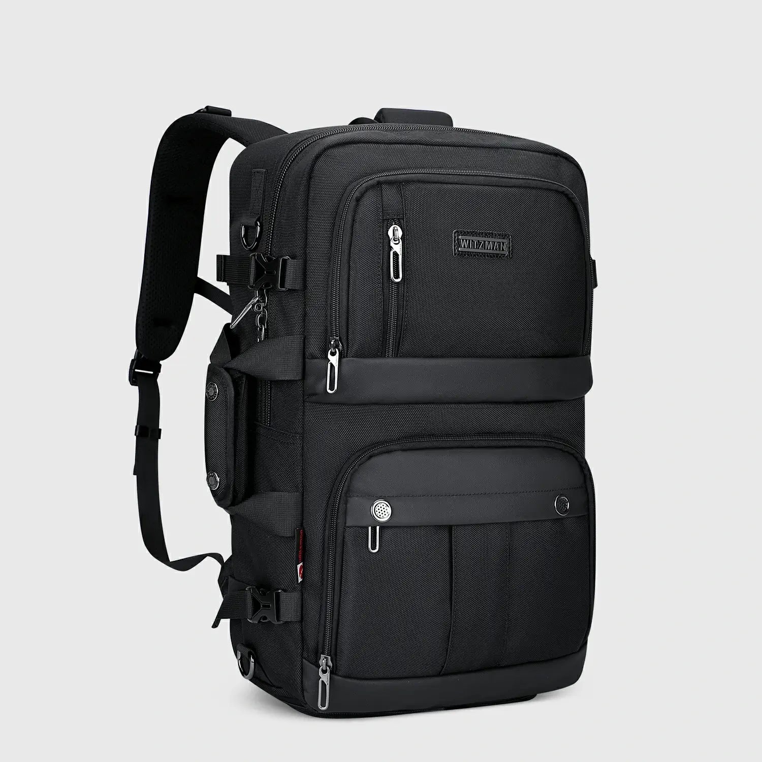 Black Nylon Travel Backpack for Men, front exterior and overall shape