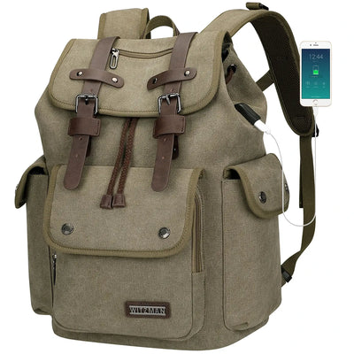 Canvas travel backpack with drawstring closure and laptop compartment for men and women a8004-2 green