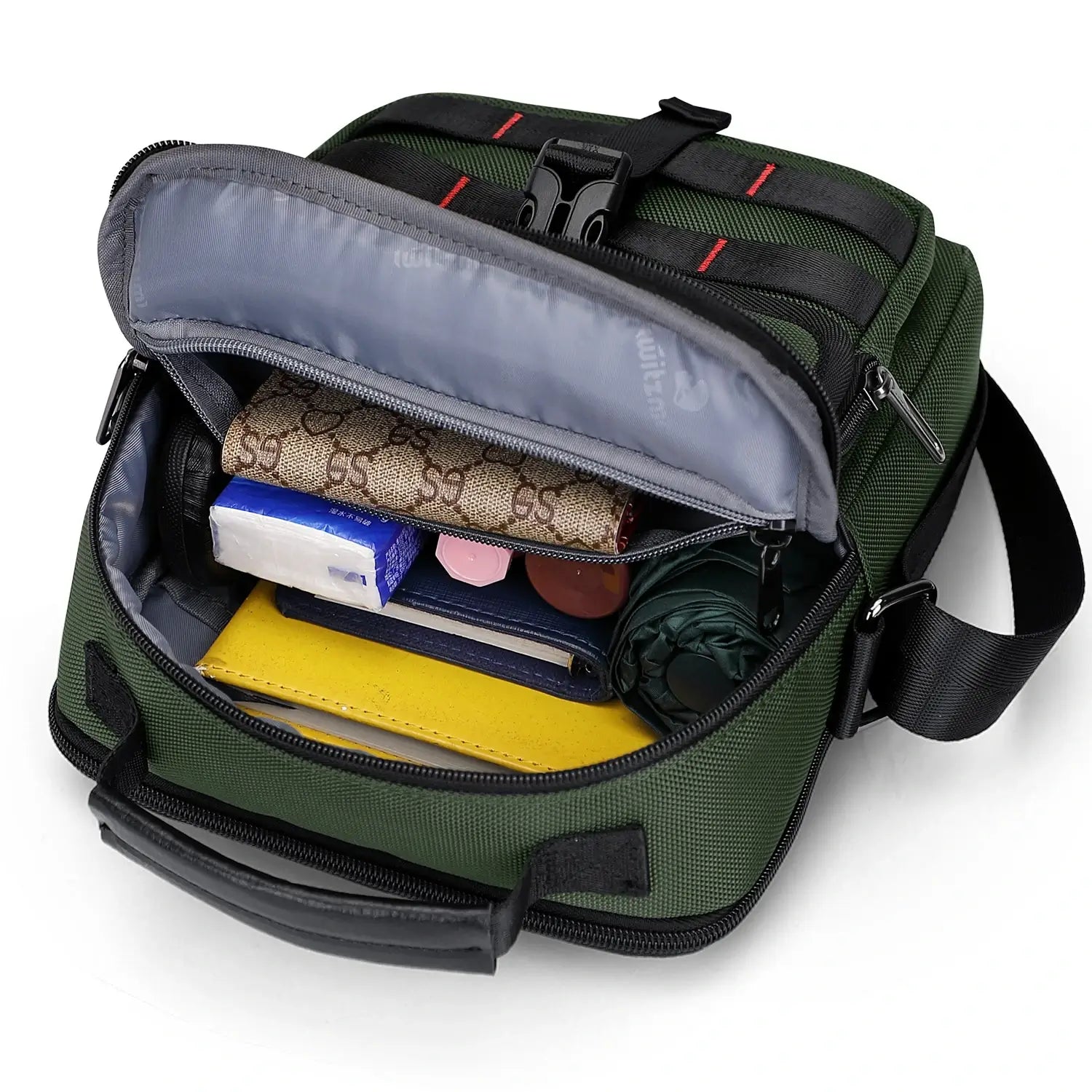 WITZMAN B708 men’s lightweight nylon crossbody bag with front MOLLE webbing - green messenger bag