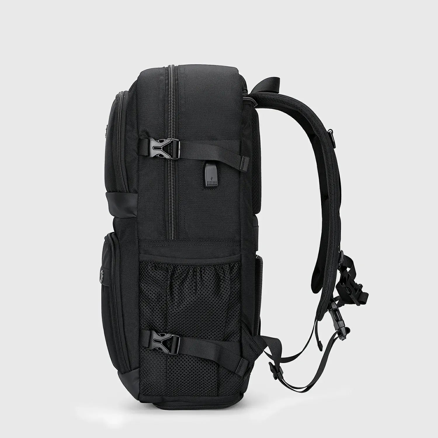 Black Nylon Travel Backpack for Men, side profile and carry-on size