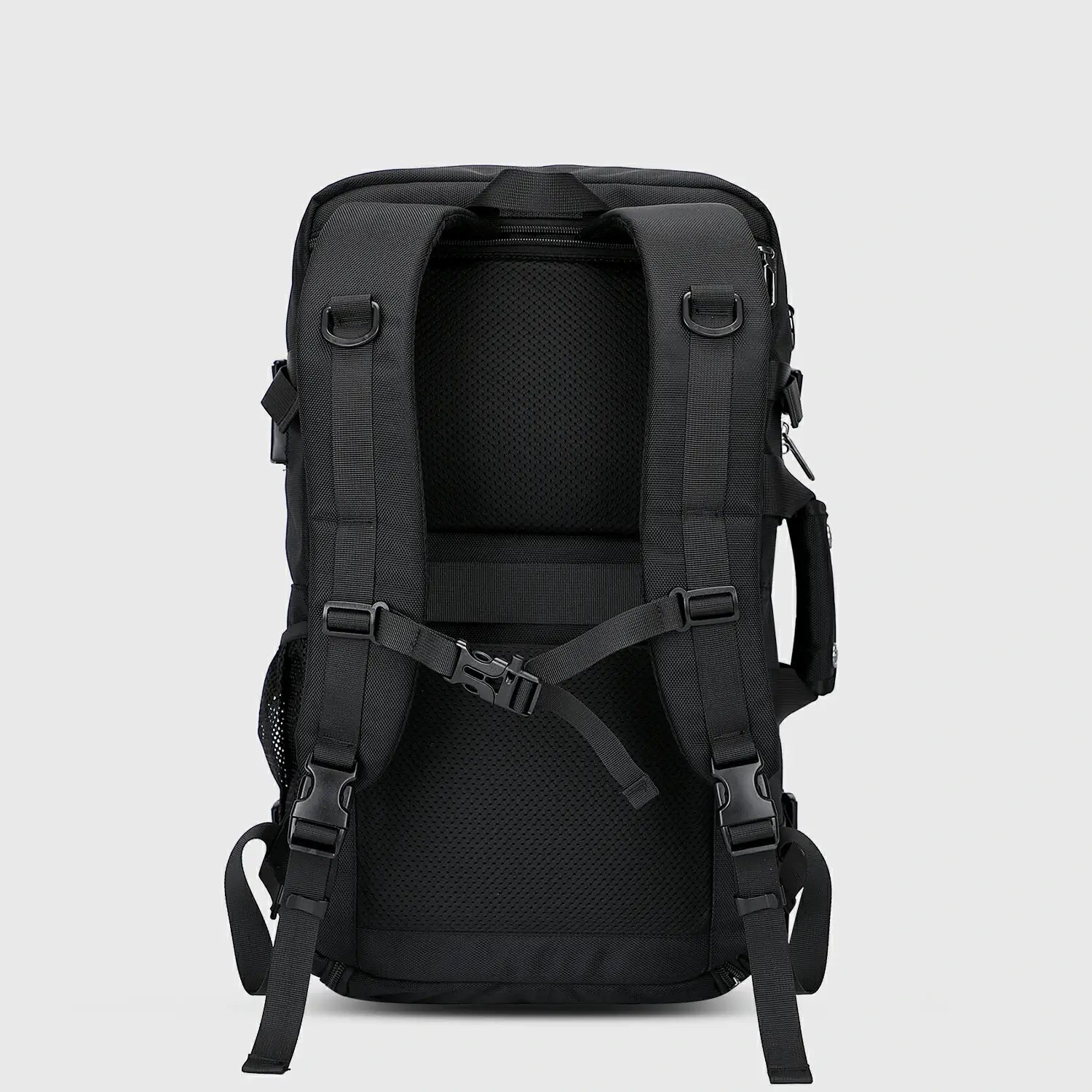 Black Nylon Travel Backpack for Men, rear panel and padded shoulder straps