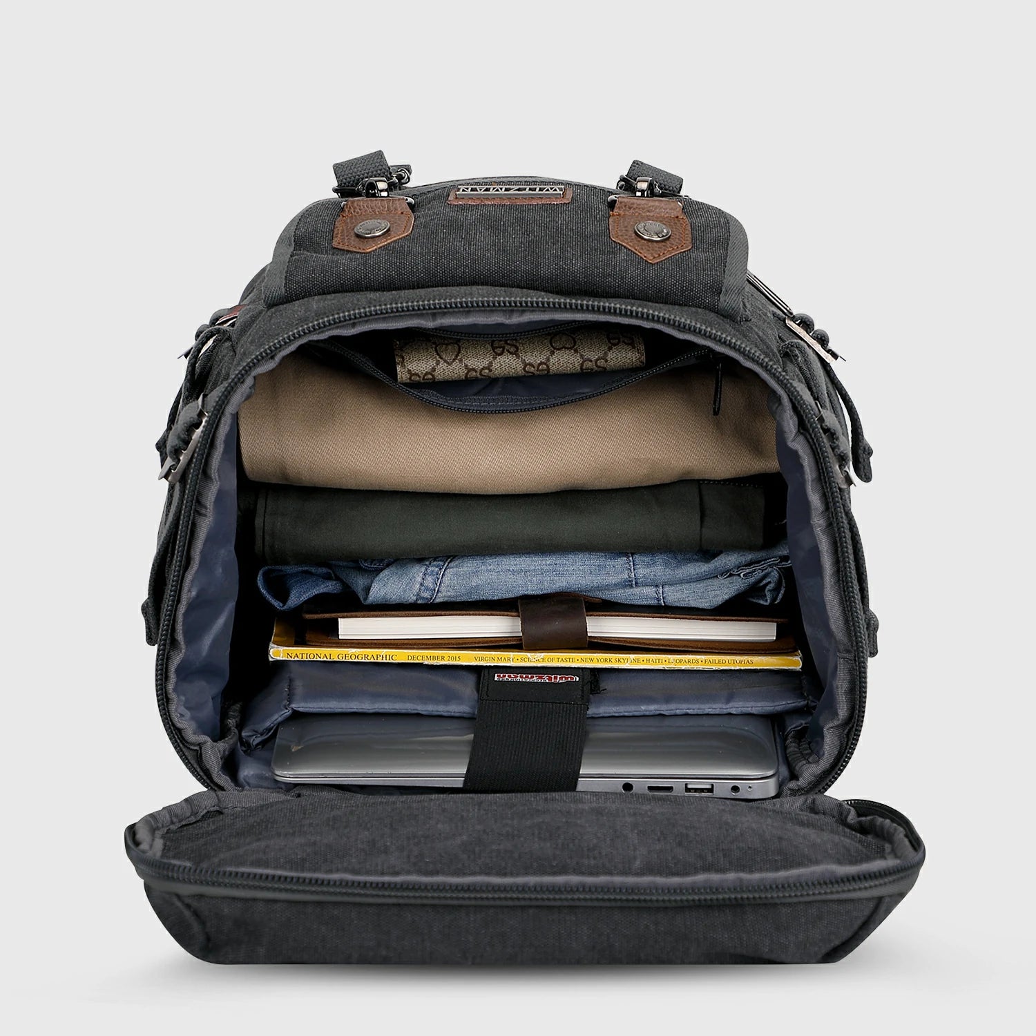Vintage canvas travel backpack with shoe compartment and laptop sleeve – carry-on size a568-2 black