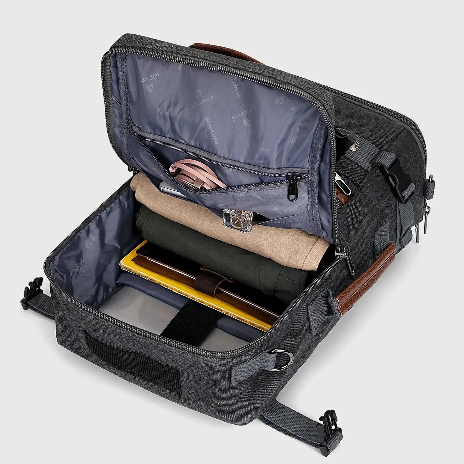 Travel Luggage Canvas Backpack for Men 22.5 Inch, front pockets and zipper layout