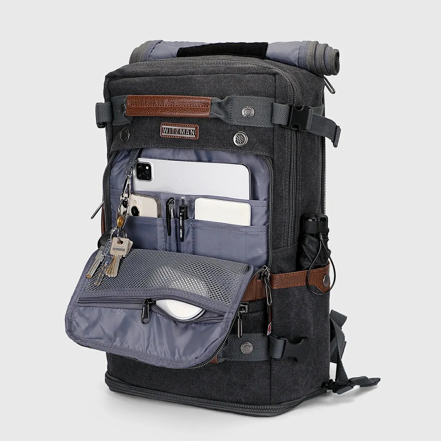 Travel Luggage Canvas Backpack for Men 22.5 Inch, side bottle pocket detail