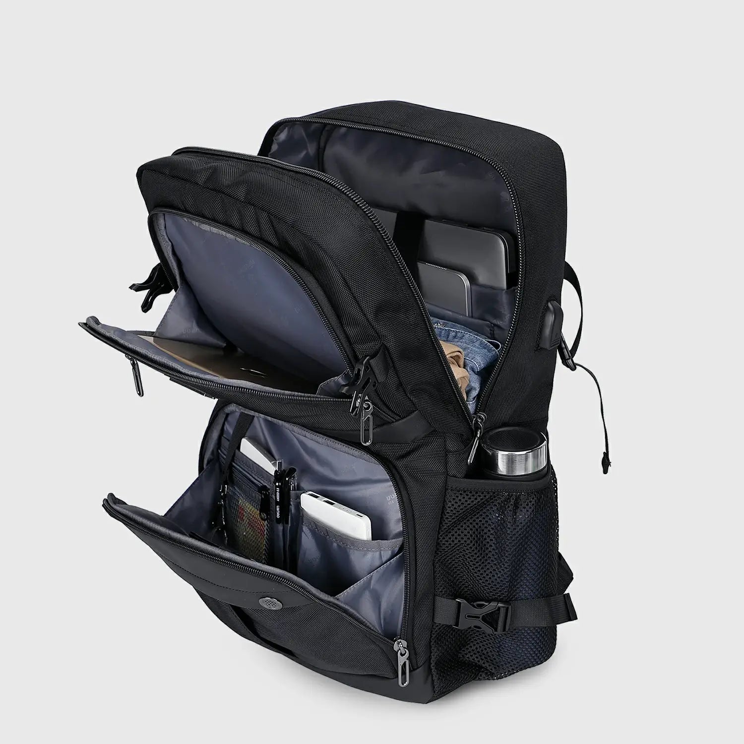 Black Nylon Travel Backpack for Men, side bottle pocket detail