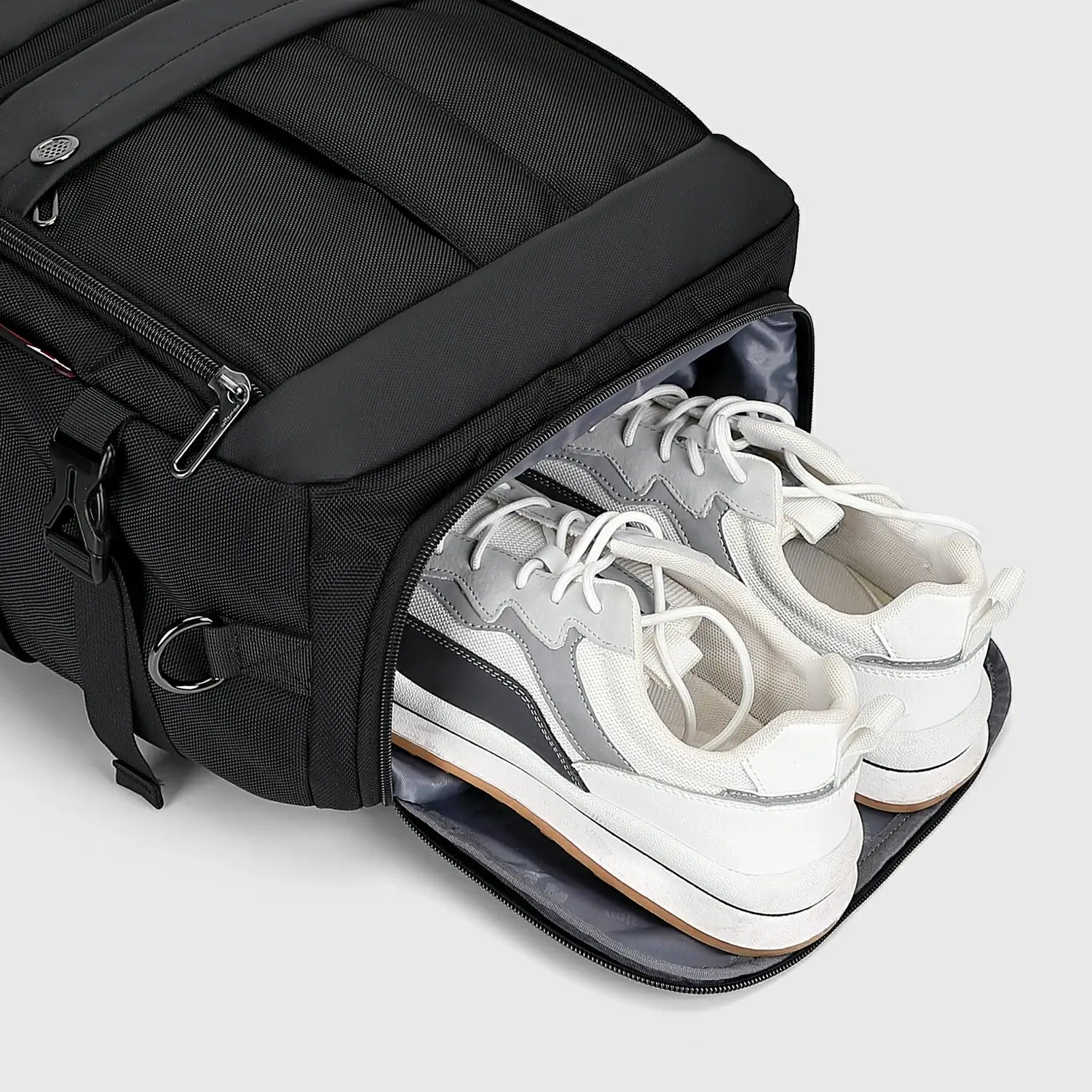 Black Nylon Travel Backpack for Men, carry handle detail