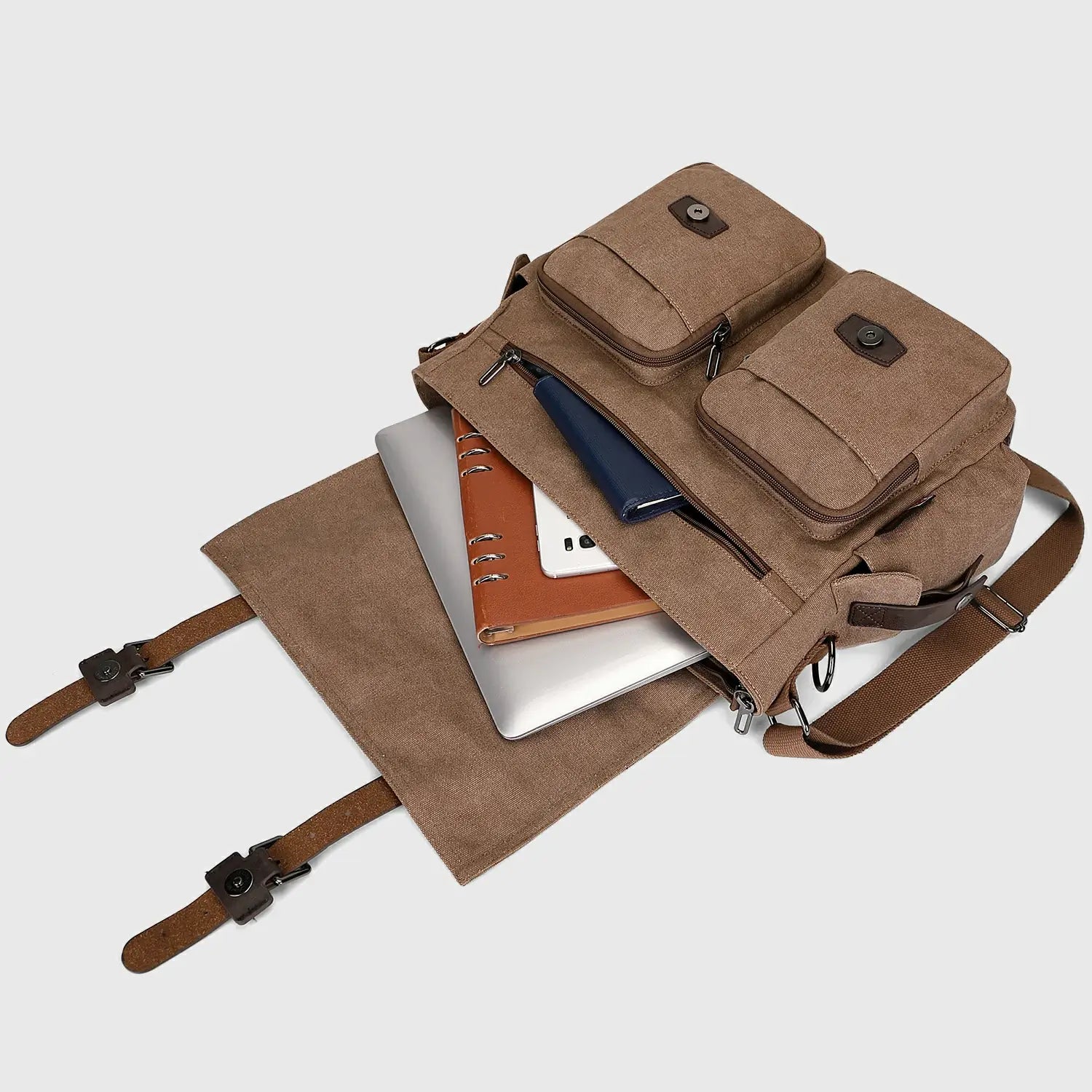 Postman Bag for Men Vintage Canvas Messenger Bag, front zipper pocket layout