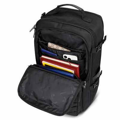 B688 Best large travel backpack carry on luggage bag black backpacks 45L with clamshell opening and multiple compartments - front pocket