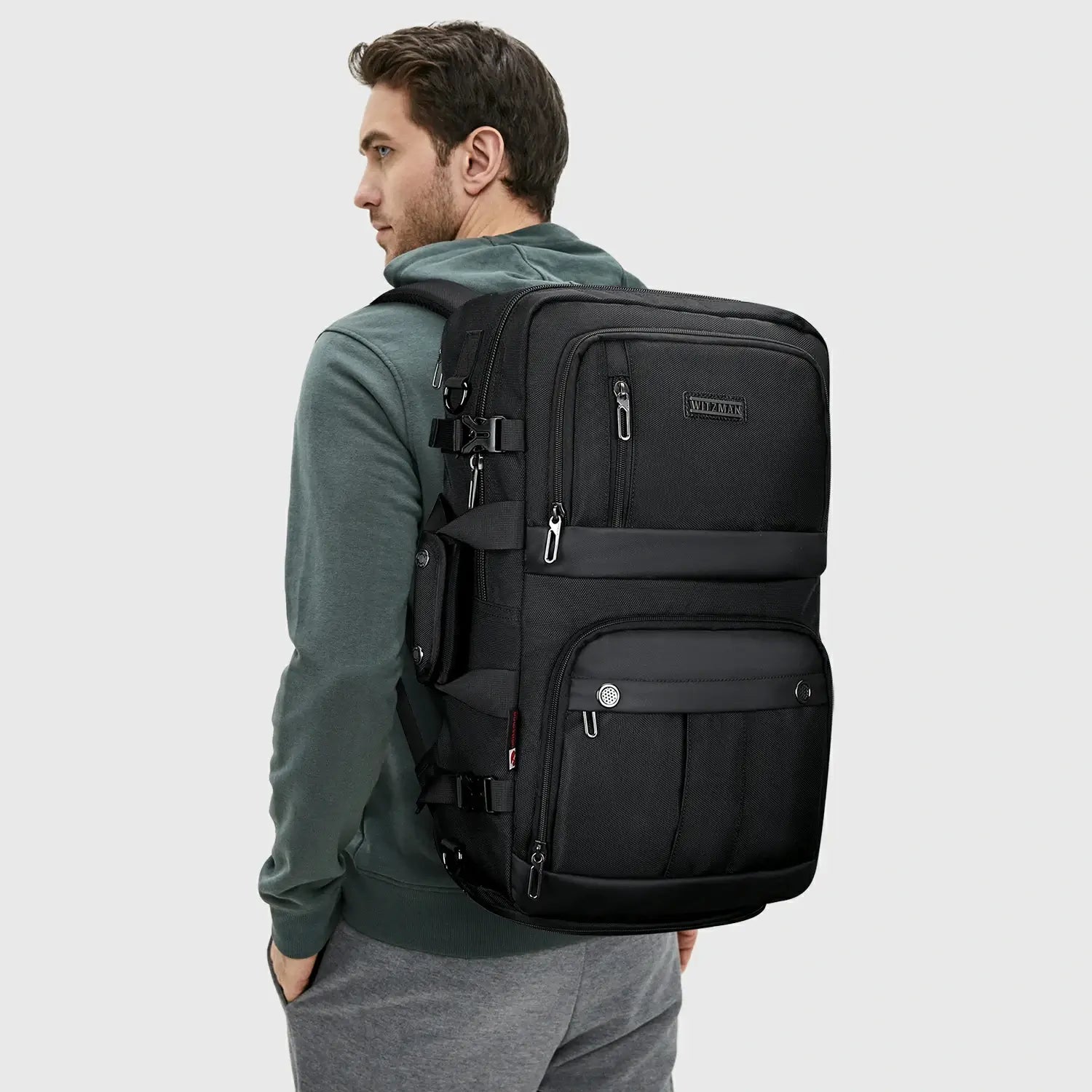 Black Nylon Travel Backpack for Men, main compartment opened for packing