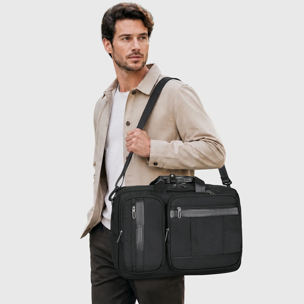 Convertible laptop backpack briefcase for men with hidden shoulder straps and multiple business travel pockets