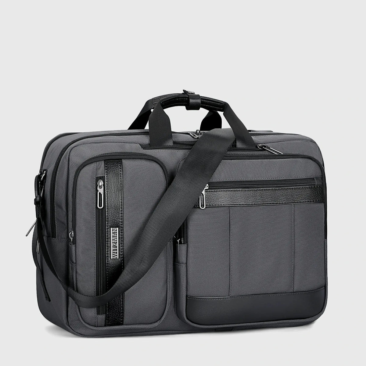 Gray business travel backpack for men with dual main compartments and 15.6 inch laptop sleeve
