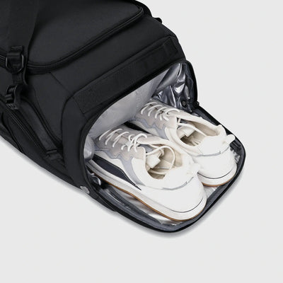 Black gym duffle bag for men with separate shoe compartment and wet pocket
