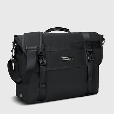 Black men's messenger bag with adjustable crossbody strap and multiple storage compartments