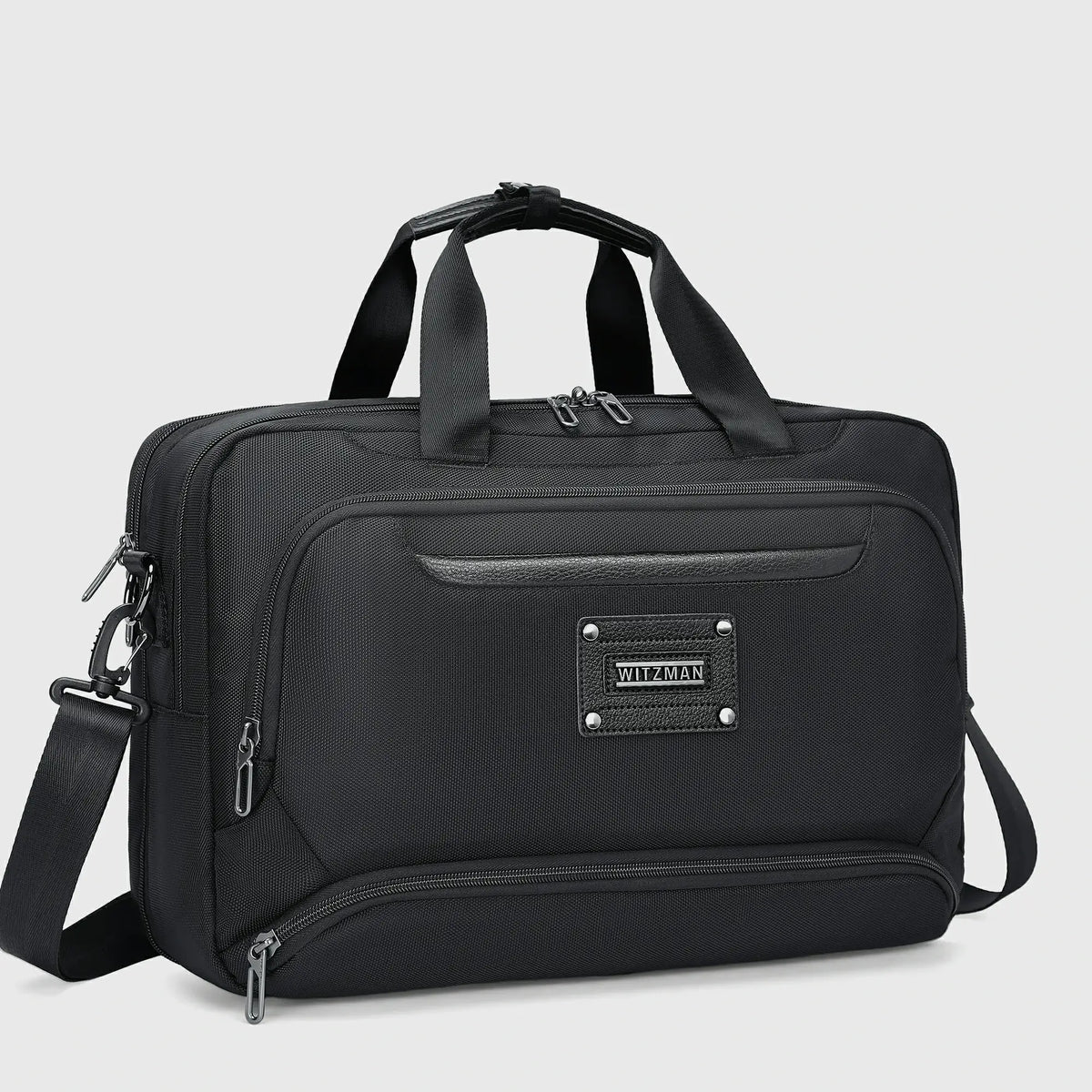 Men's nylon business briefcase with detachable shoulder strap, structured rectangular design, and multiple zippered compartments