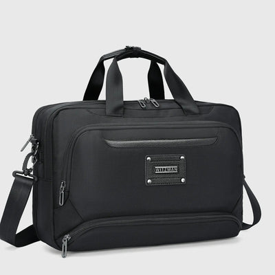 Men's nylon business briefcase with detachable shoulder strap, structured rectangular design, and multiple zippered compartments