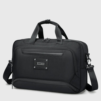 Black expandable work briefcase with side zipper panel increasing storage depth from approximately 7 to 9 inches

