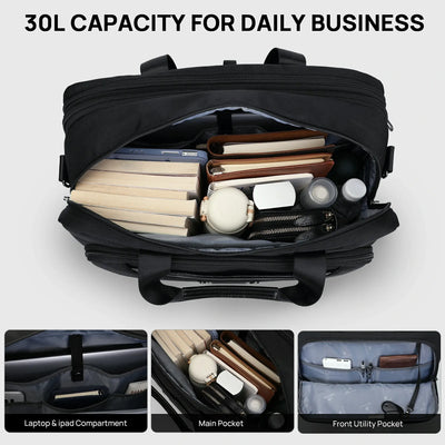 Expandable laptop briefcase for men showing organized main compartments, padded laptop storage, and interior accessory pockets