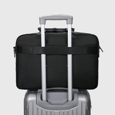 Nylon travel laptop briefcase with concealed rear zippered pocket and luggage trolley strap for business trips