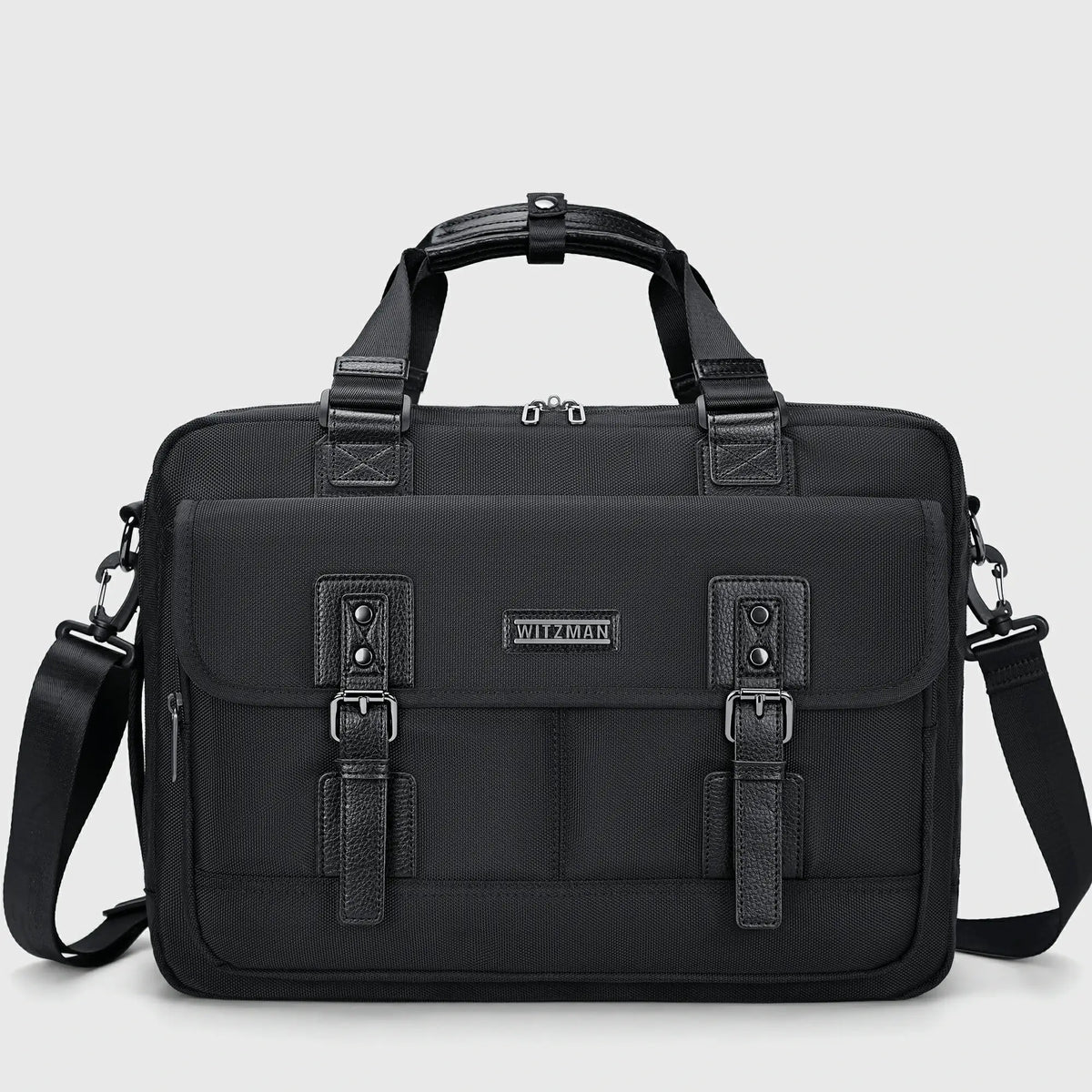 WITZMAN black expandable laptop briefcase for men with double-buckle flap closure and nylon business bag design