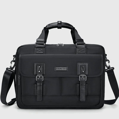 WITZMAN black expandable laptop briefcase for men with double-buckle flap closure and nylon business bag design