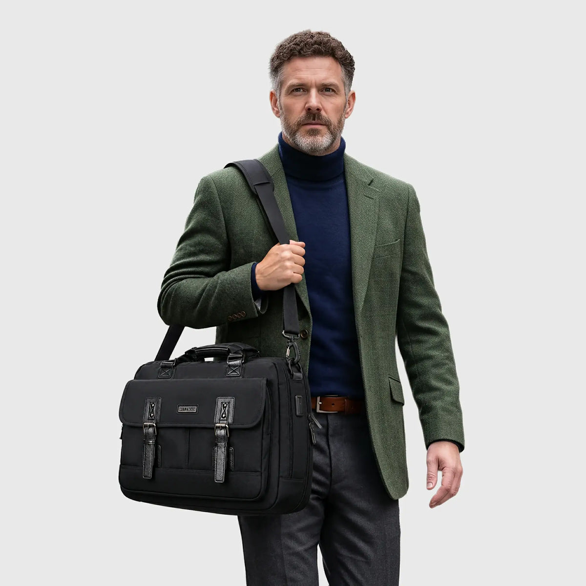 Classic business briefcase with double-buckle front flap, PU leather accents, and secure organizer pockets