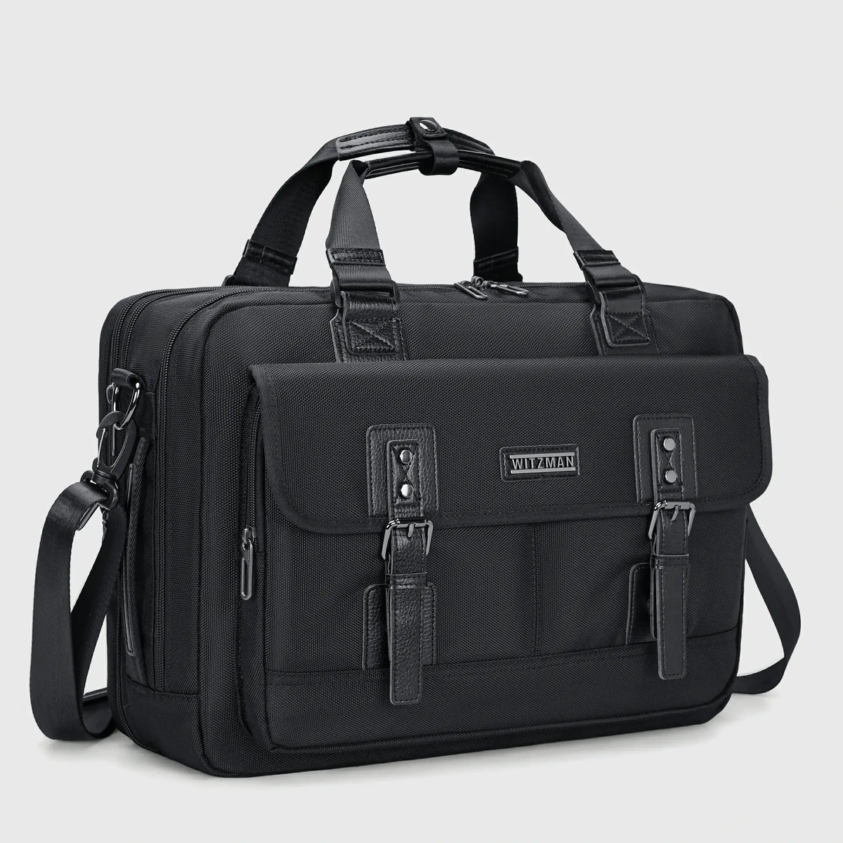 Men's 33L expandable messenger bag with padded top handles, detachable shoulder strap, and multiple zippered compartments