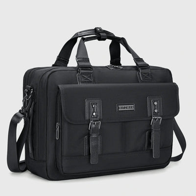 Men's 33L expandable messenger bag with padded top handles, detachable shoulder strap, and multiple zippered compartments