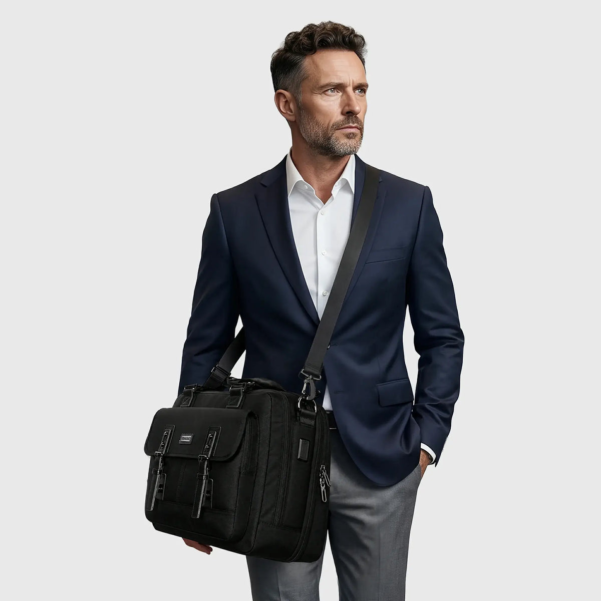 Black laptop messenger bag for men with adjustable padded shoulder strap for office commuting and business travel