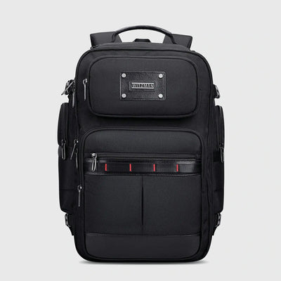 Front view of black carry on travel backpack for men with organized pockets and reinforced base