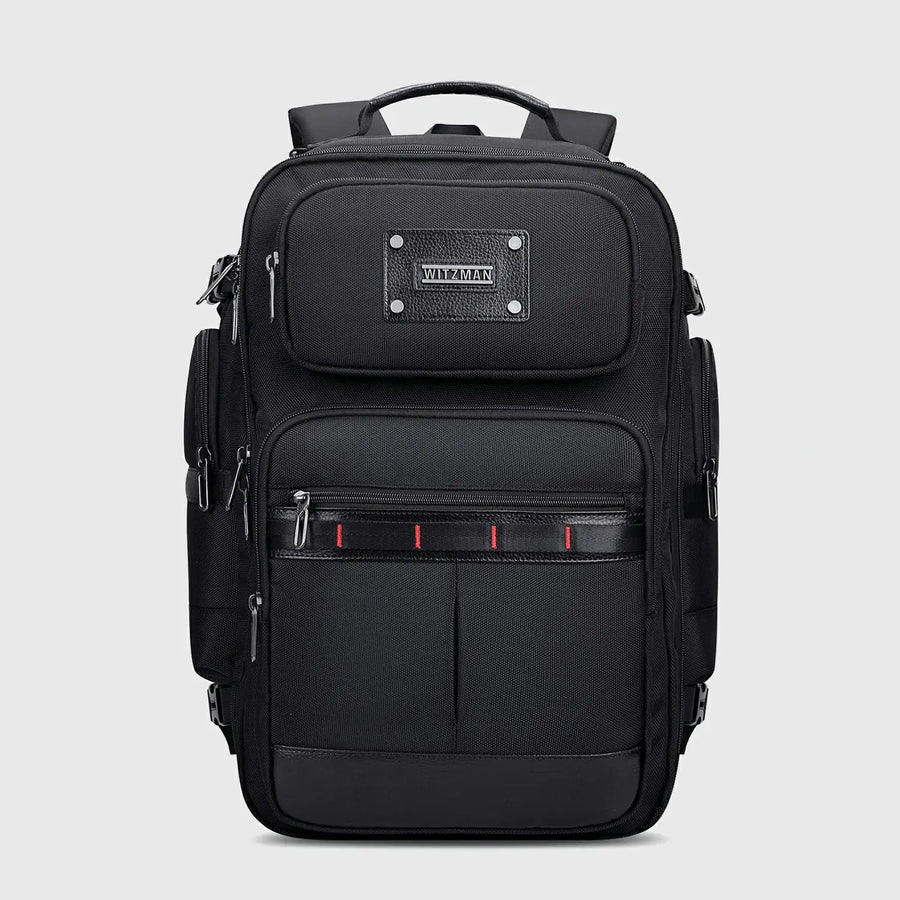 Front view of black carry on travel backpack for men with organized pockets and reinforced base