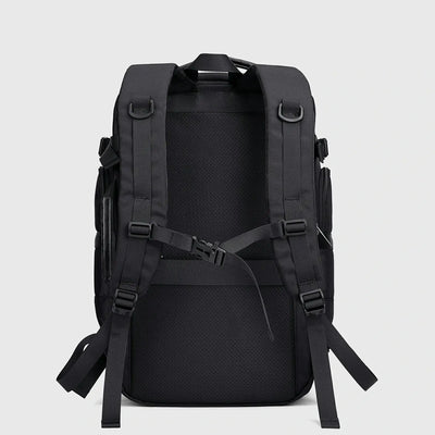 Back view of black business travel backpack with breathable padding, chest strap and luggage strap