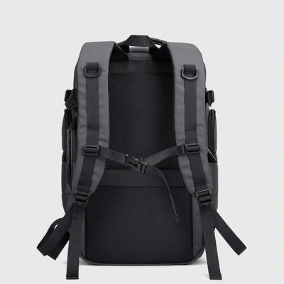 Back view of silver grey business travel backpack with breathable padding and chest strap