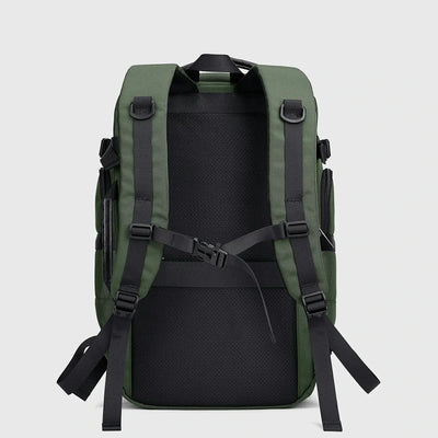 Back view of army green travel backpack with breathable padding and adjustable chest strap