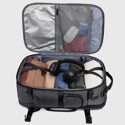 Silver grey laptop travel backpack with independent 16 inch computer compartment open