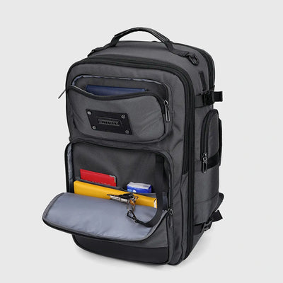 Silver grey 40L backpack with 180 degree suitcase-style compartment open for organized packing
