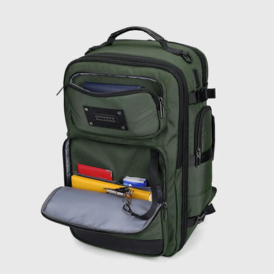 Army green travel backpack with front organizer open for documents, cables and accessories