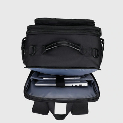 Black 40L carry on backpack with 180 degree suitcase-style main compartment open